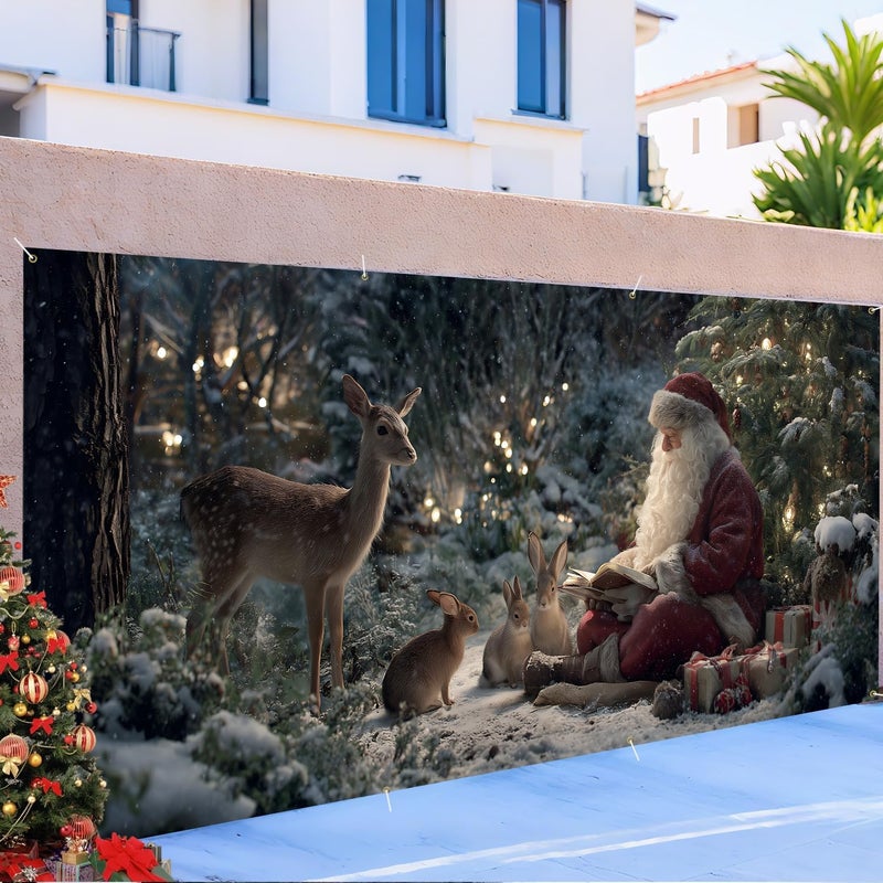 ANNA QUEEN Christmas Garage Door Banner 6×13 FT, Santa Reading Story to Forest Animals, Heart-Warming Holiday Scene, Outdoor Garage Decoration for Parties Home Decor - Image 5